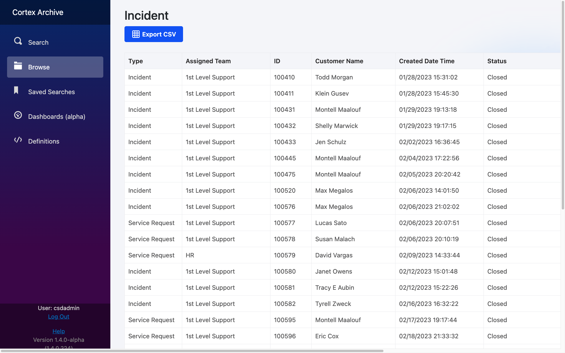 Cortex Archive browsing interface showing compliance request processing