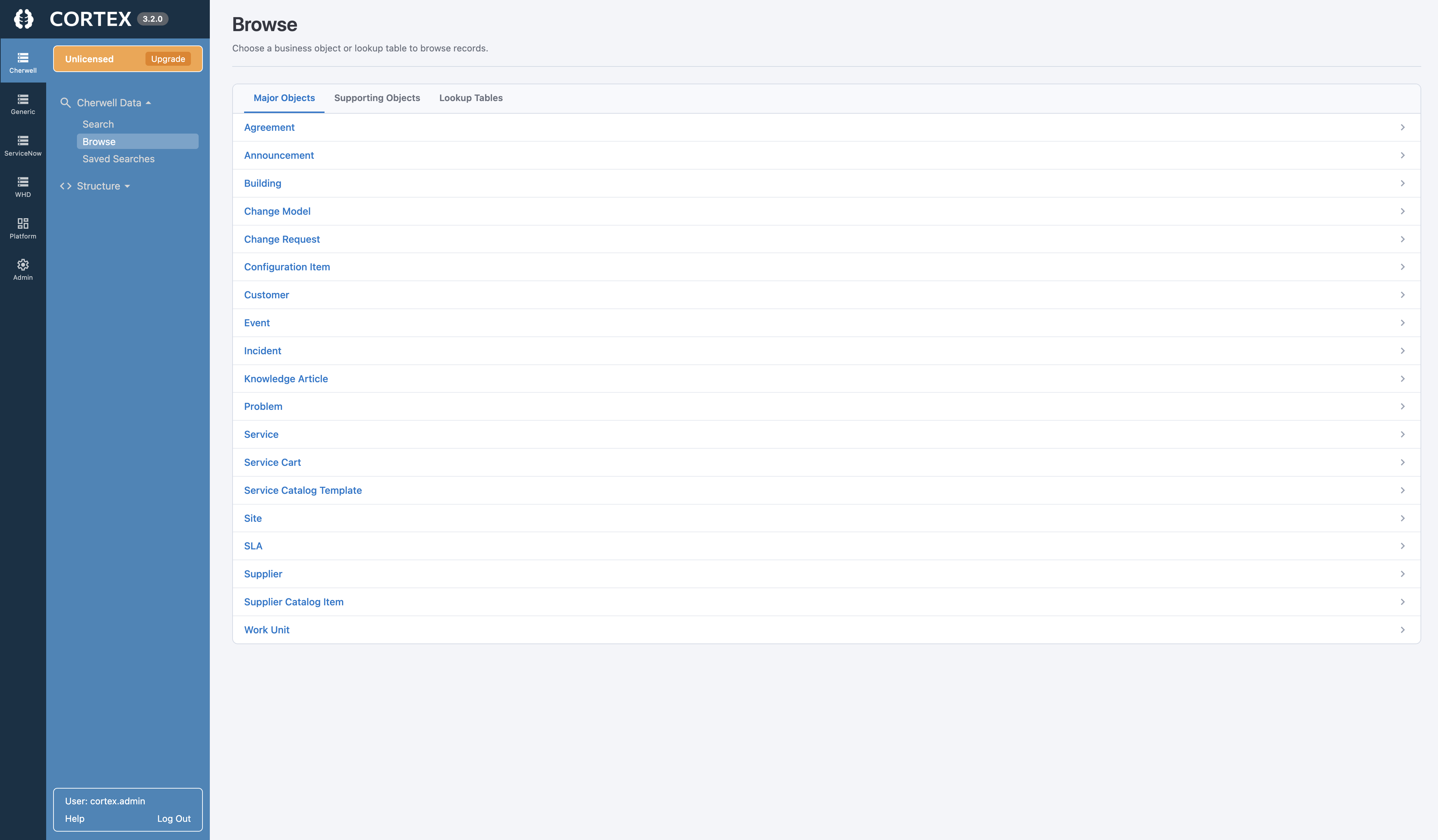 Cortex Archive Browse screen showing archived Cherwell business-object records and structure in a familiar Cherwell-style interface