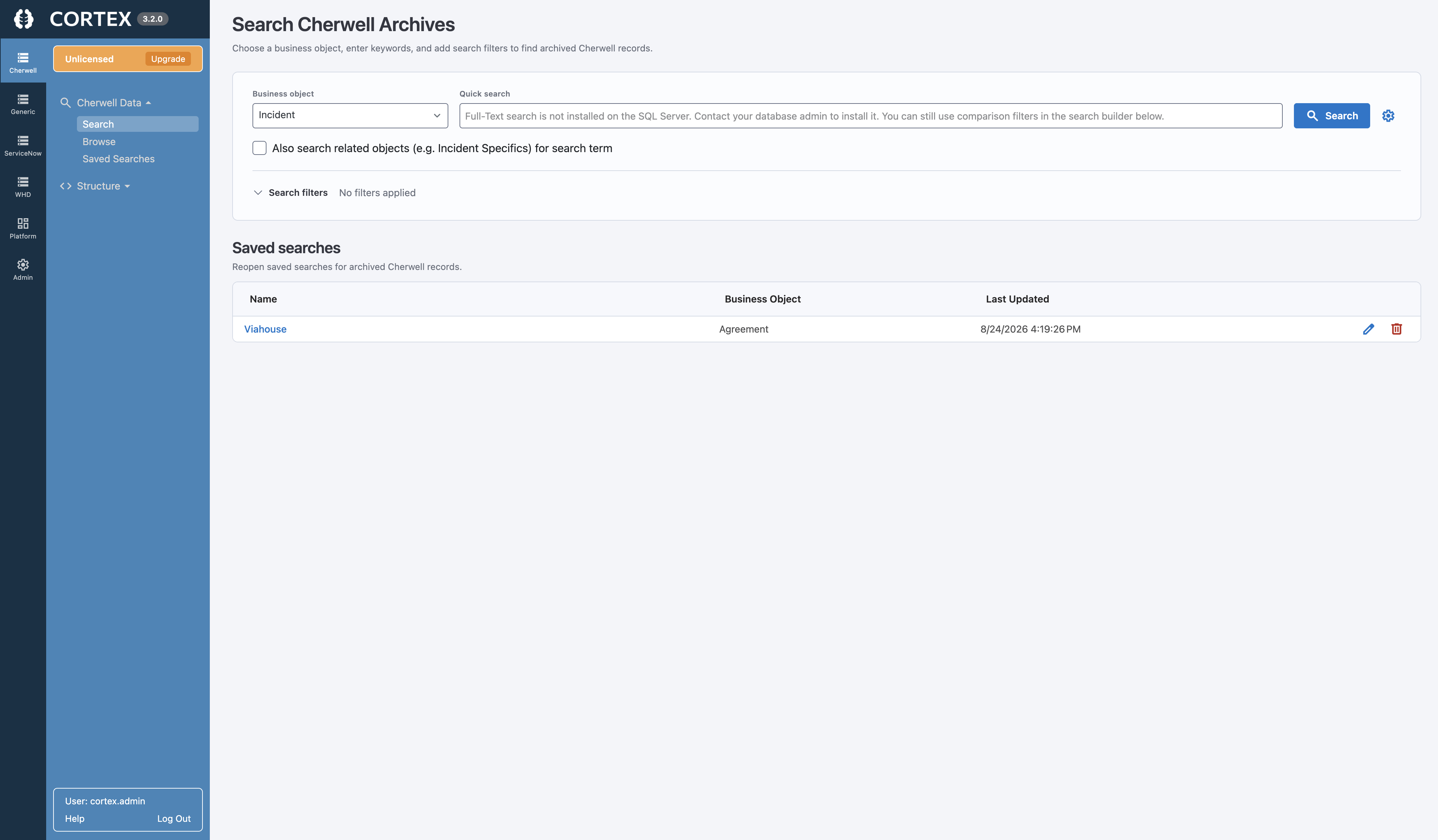 Cortex Archive Search showing full-text search and filters over archived Cherwell records, with results in a familiar Cherwell-style interface