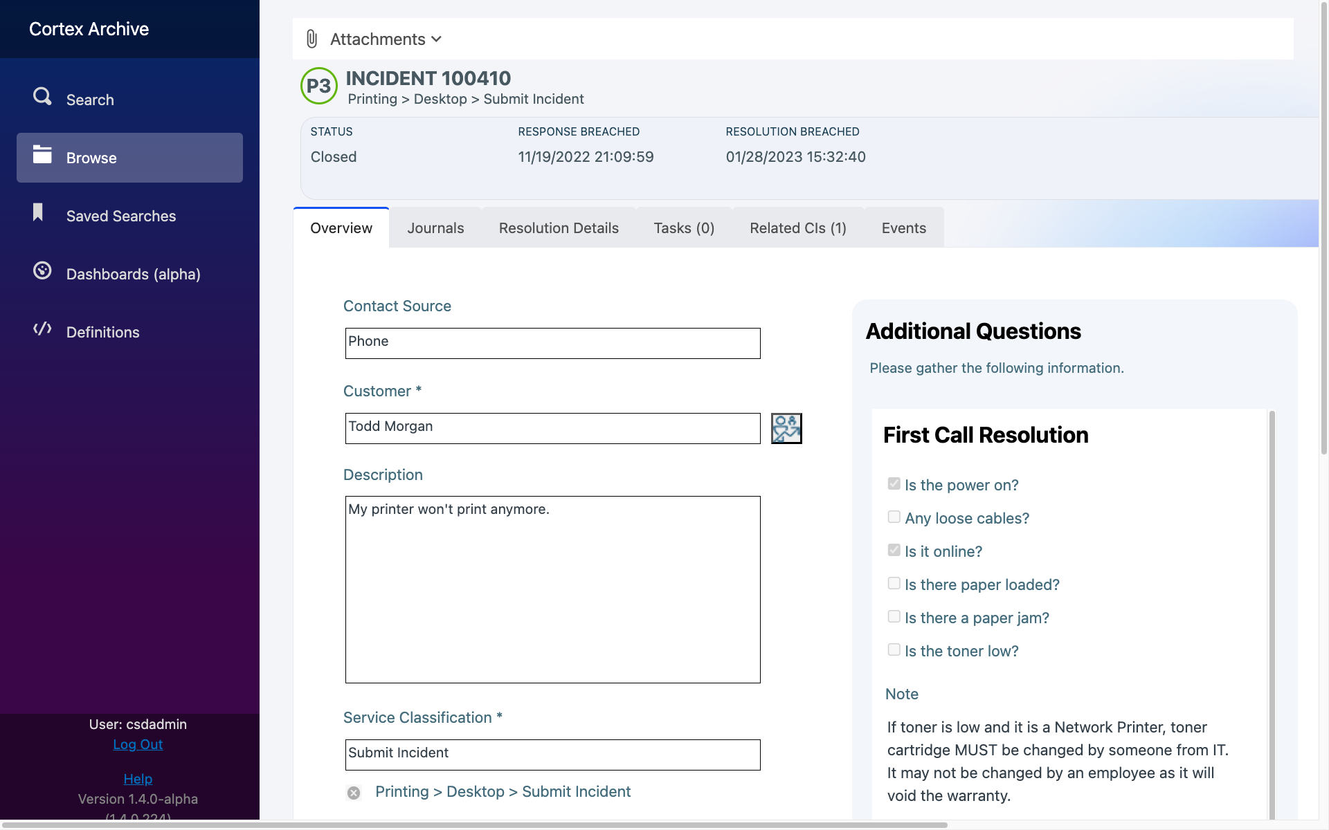 Cortex Archive record view showing business object relationships and attachments