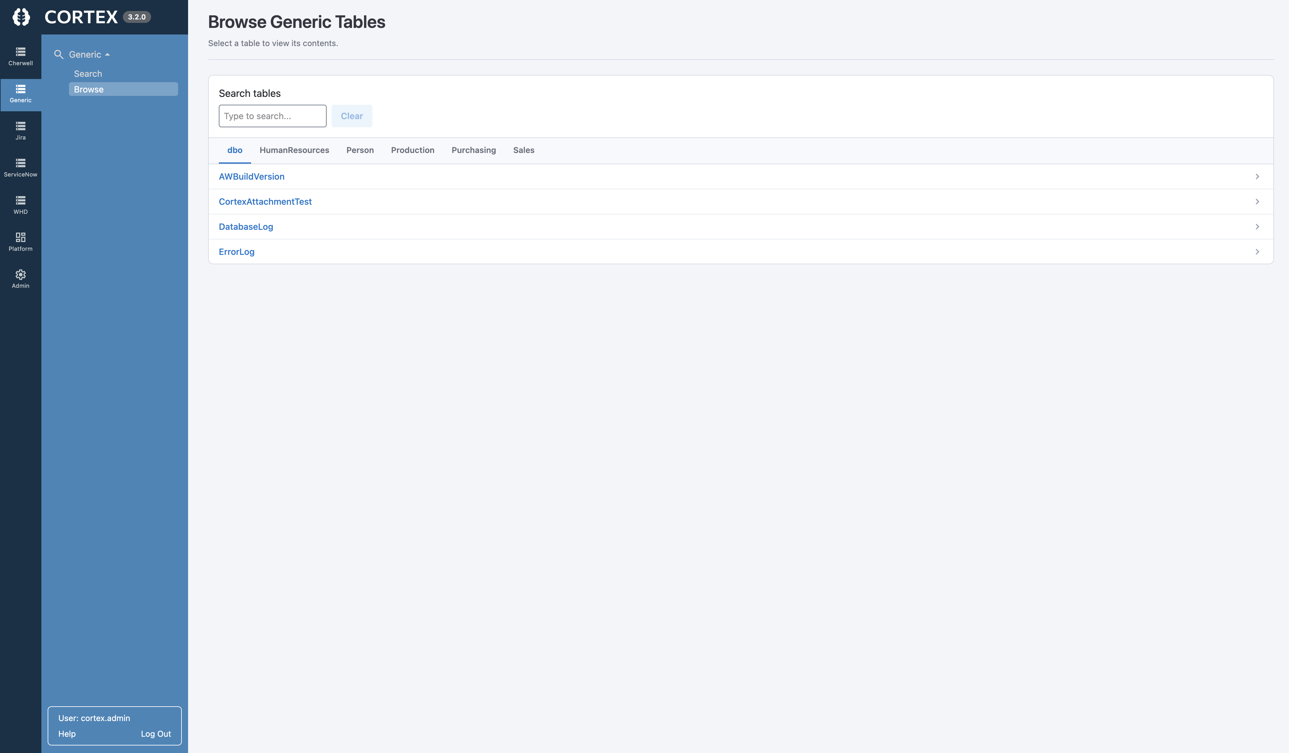 Cortex Archive Browse screen showing archived database tables and records available for browsing in a familiar Cortex interface