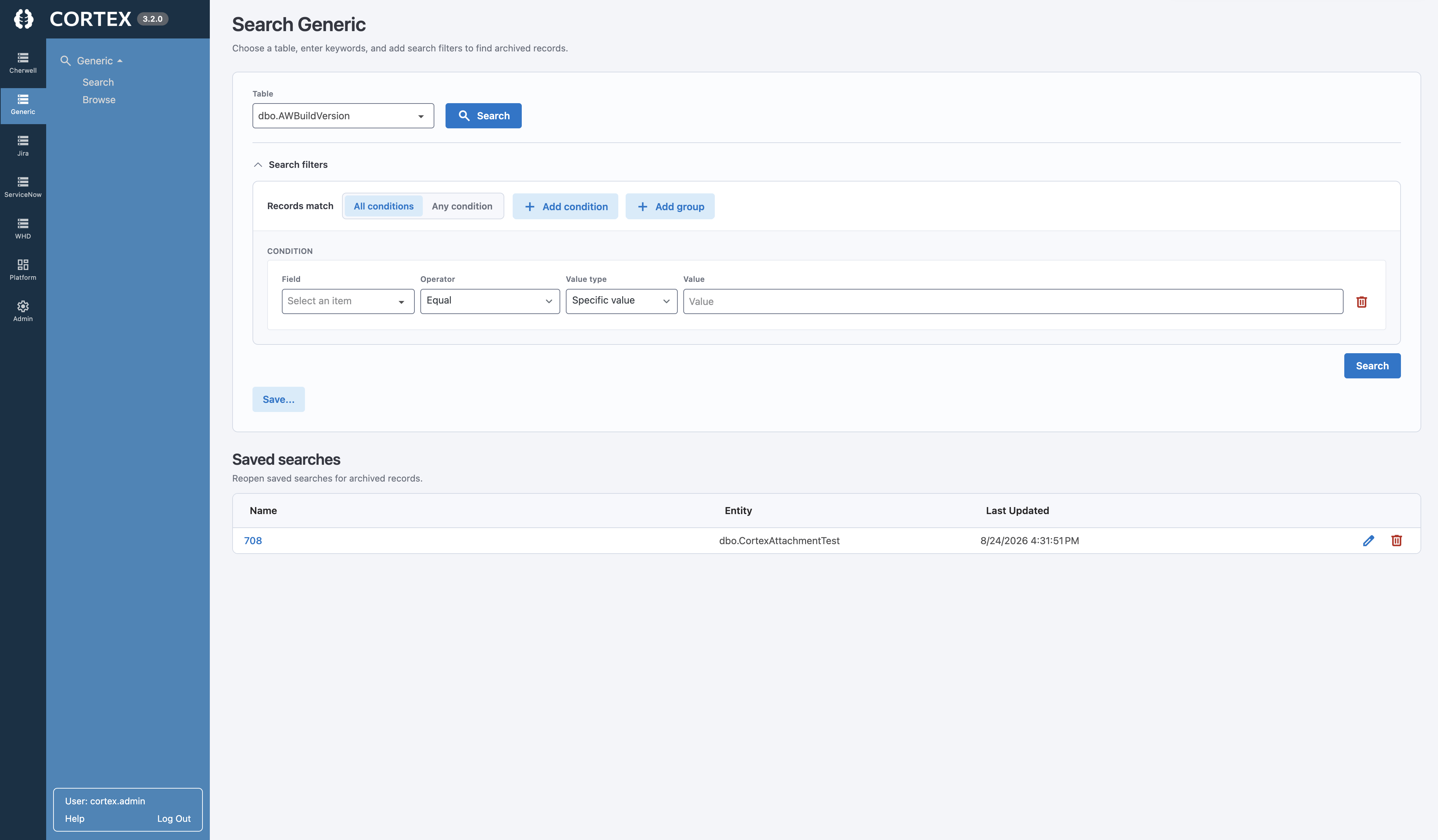 Cortex Archive Search showing full-text search and filters over archived database records, with results listed in a familiar Cortex interface