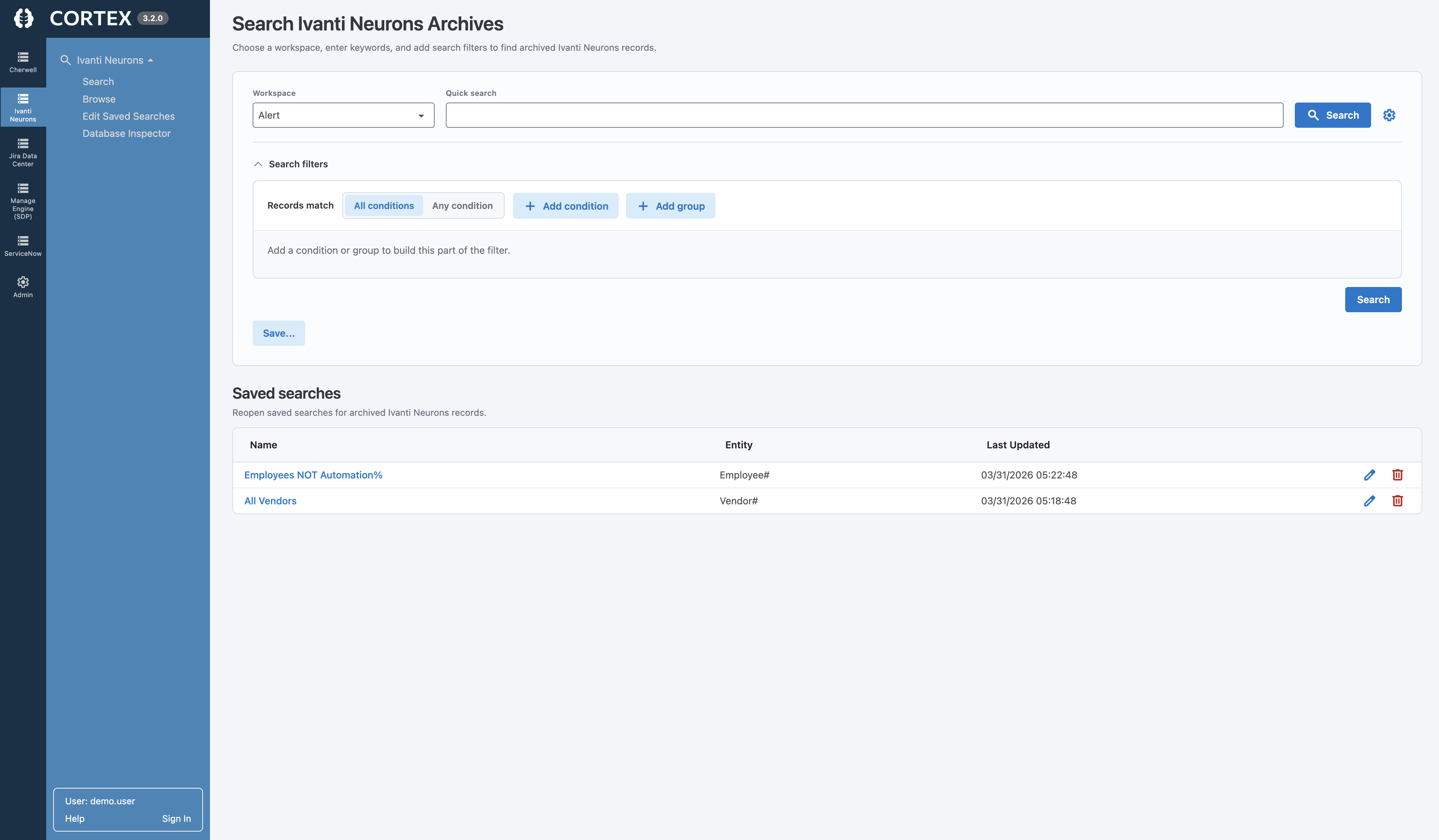 Cortex Archive Search showing full-text search and filters over archived Ivanti Neurons for ITSM records, with results listed in a familiar Ivanti-style interface