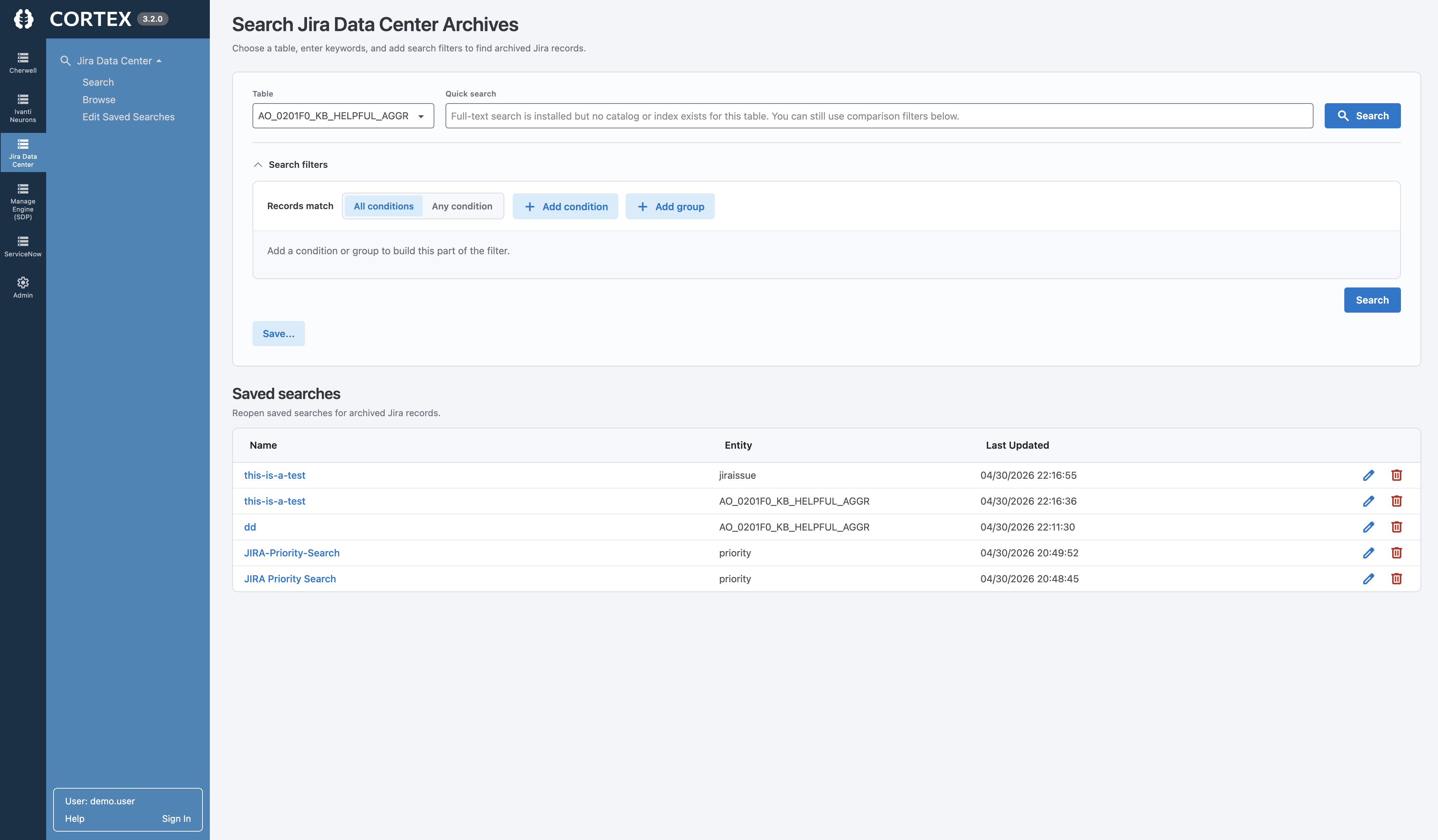 Cortex Archive Search showing full-text search and filters over archived Jira Service Management Data Center requests, with results listed in a familiar Jira-style interface