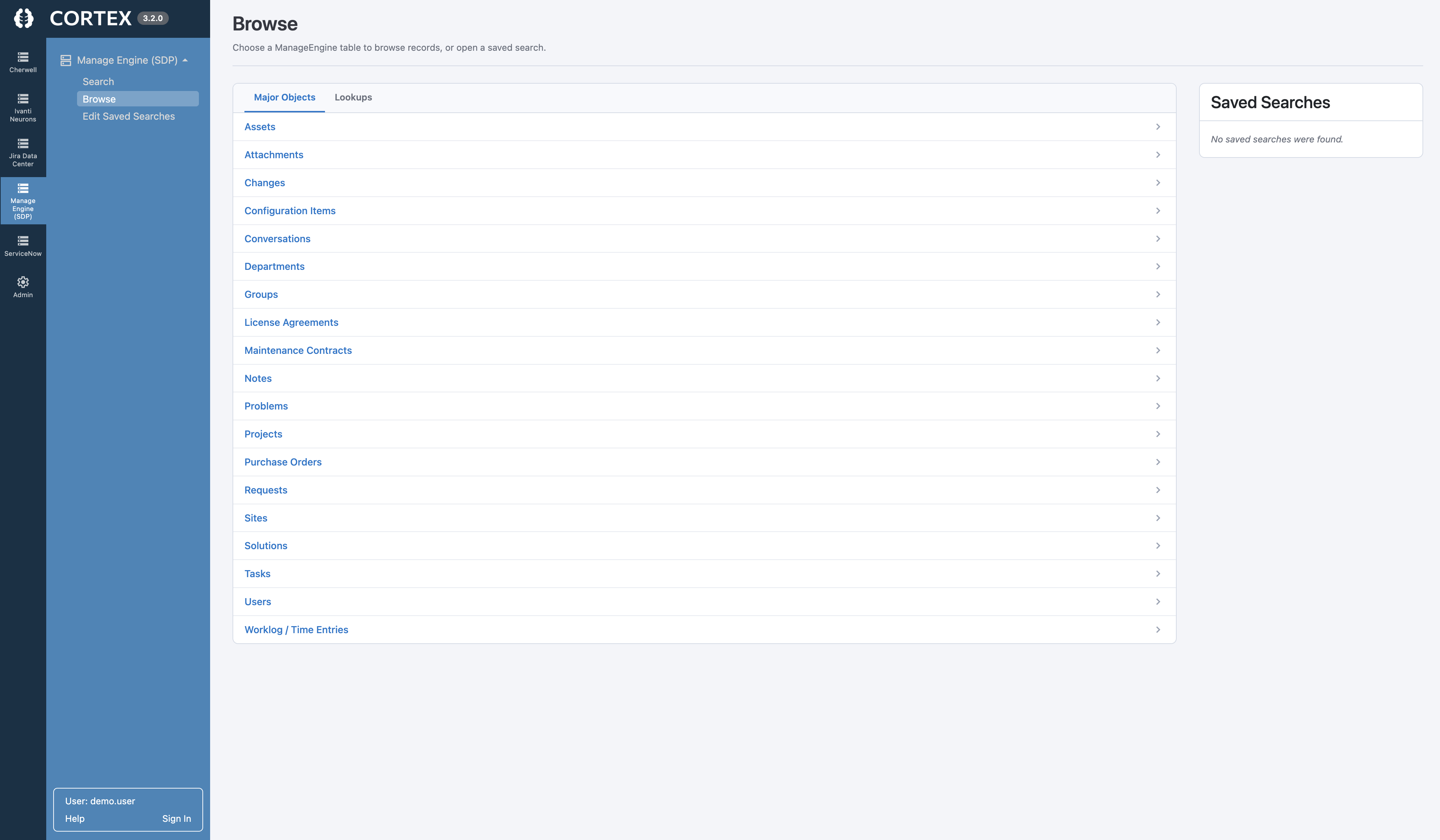 Cortex Archive Browse screen showing archived ManageEngine ServiceDesk Plus records and structure