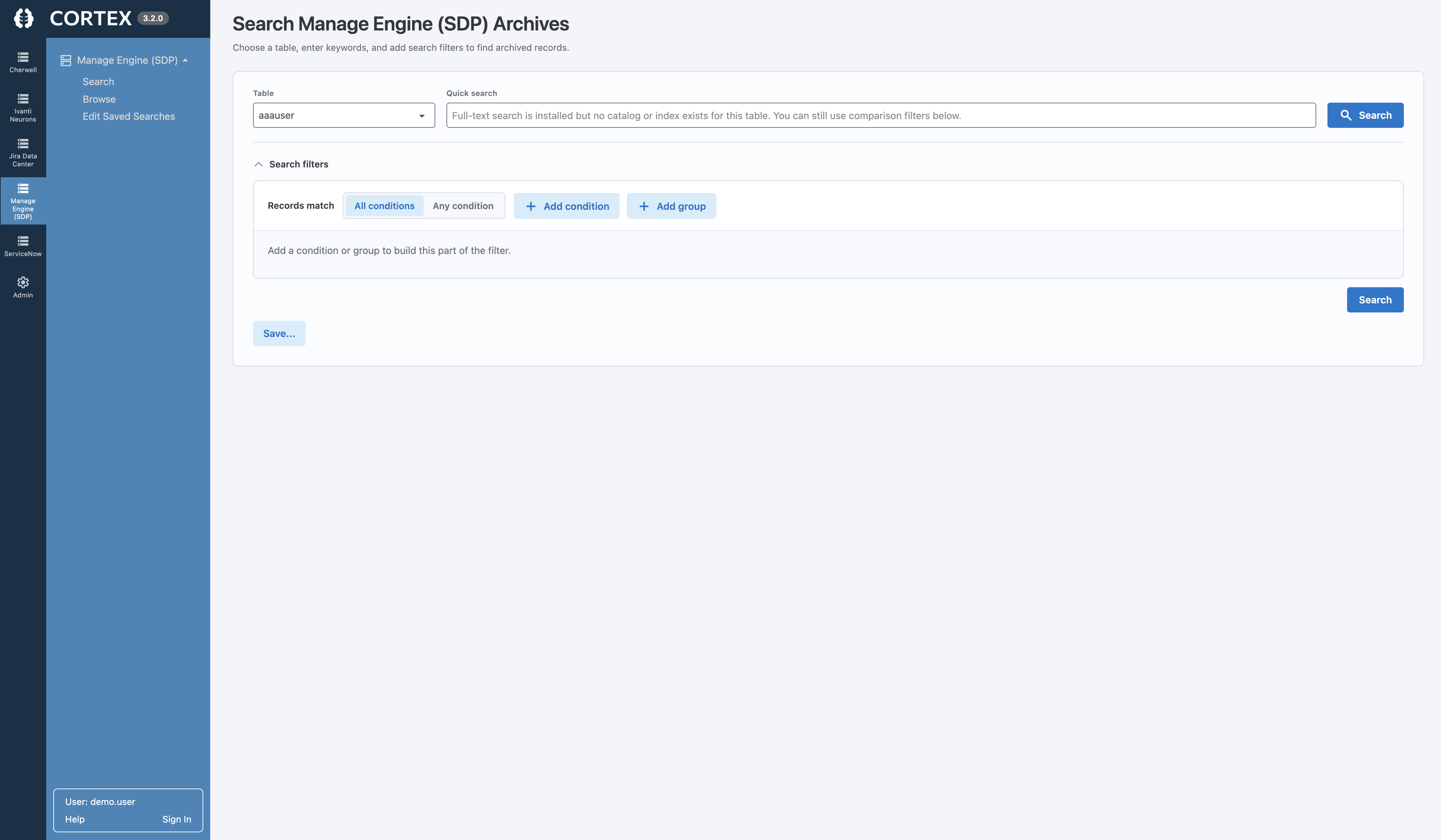 Cortex Archive Search showing full-text search and filters over archived ManageEngine ServiceDesk Plus records