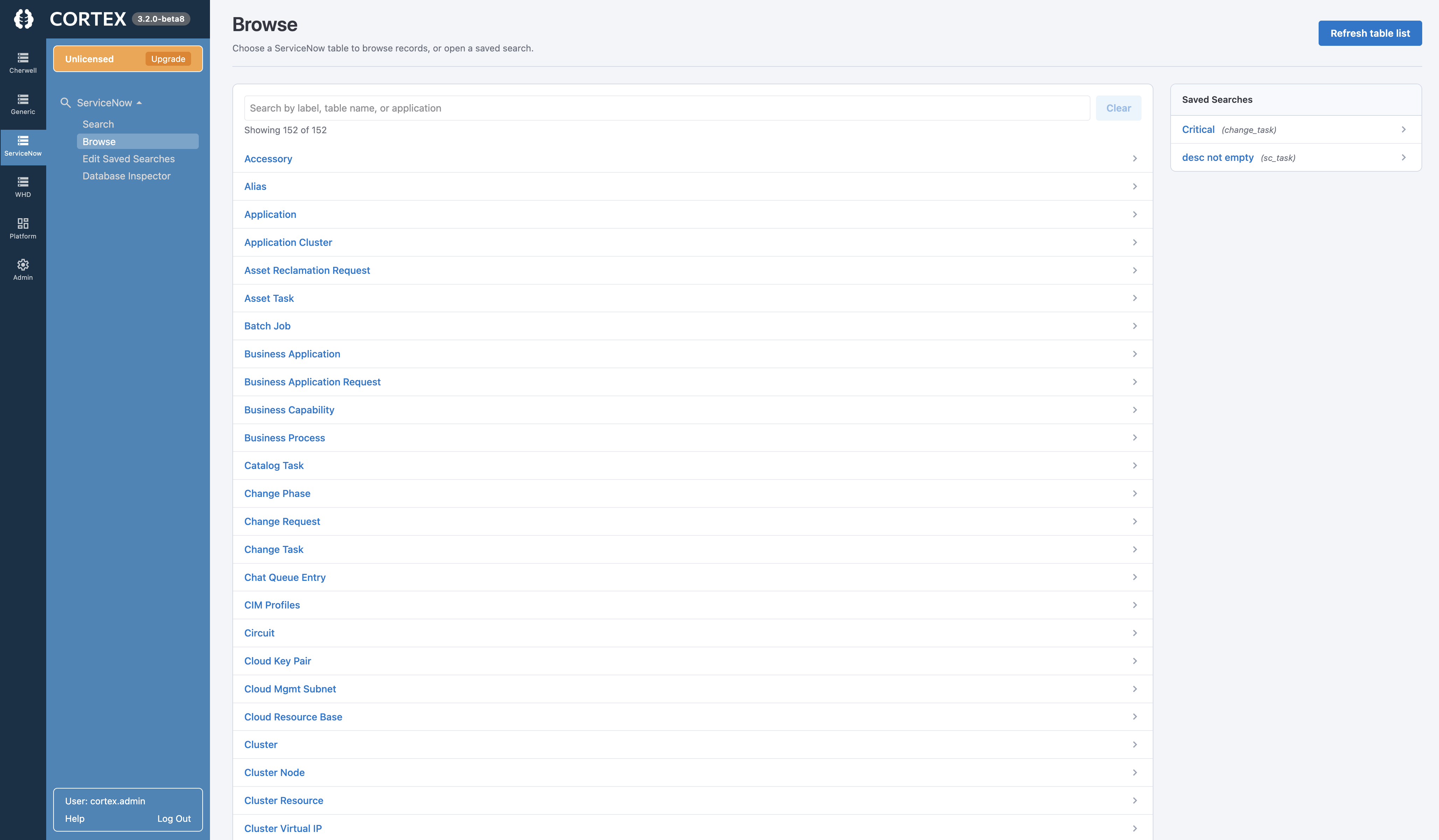 Cortex Archive Browse screen showing archived ServiceNow records, tables, and filters in a familiar ServiceNow-style interface