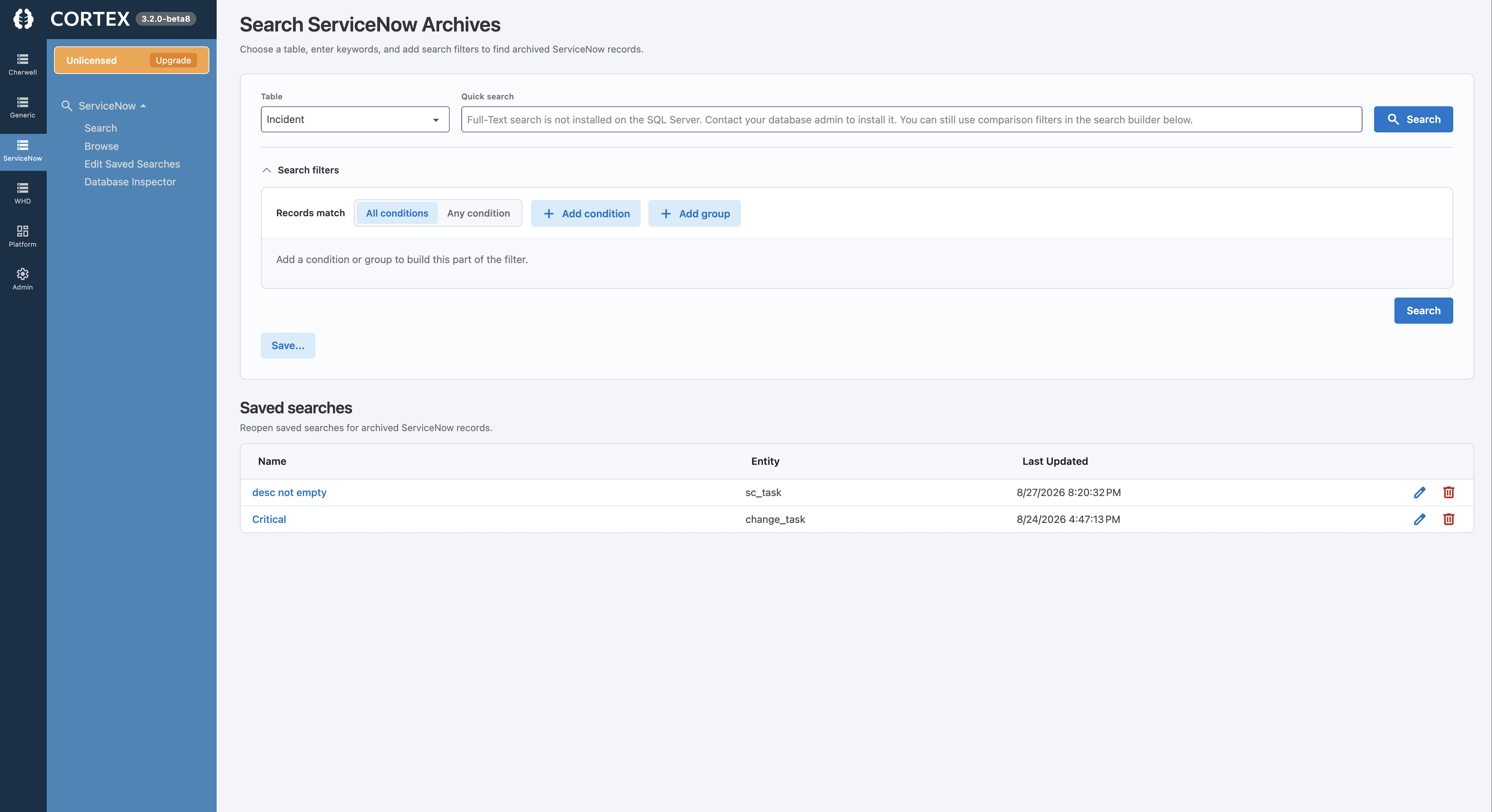 Cortex Archive Search showing full-text search and filters over archived ServiceNow records with change approvals and attachments