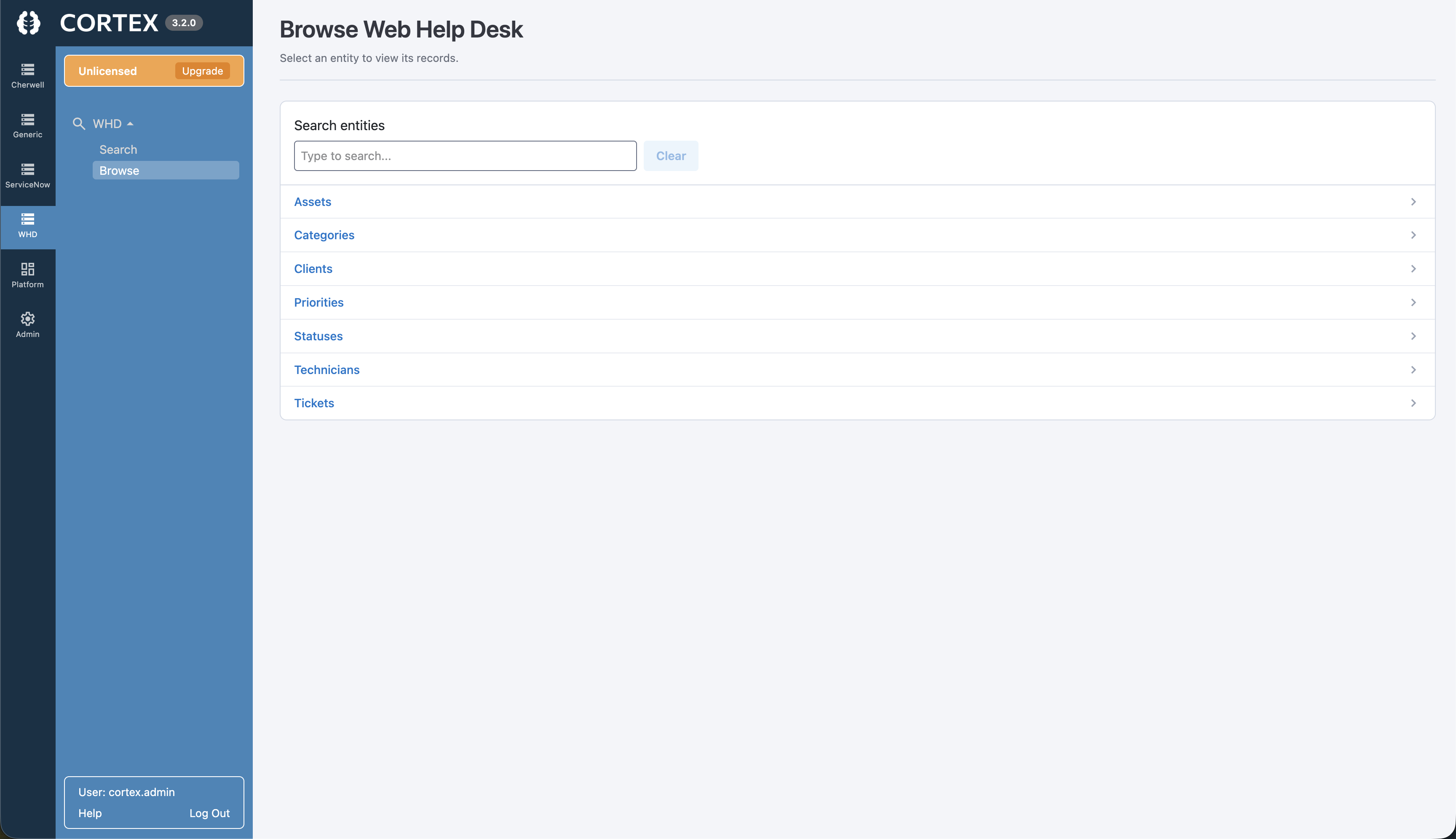 Cortex Archive Browse screen showing archived Web Help Desk tickets and records in a familiar Web Help Desk-style interface