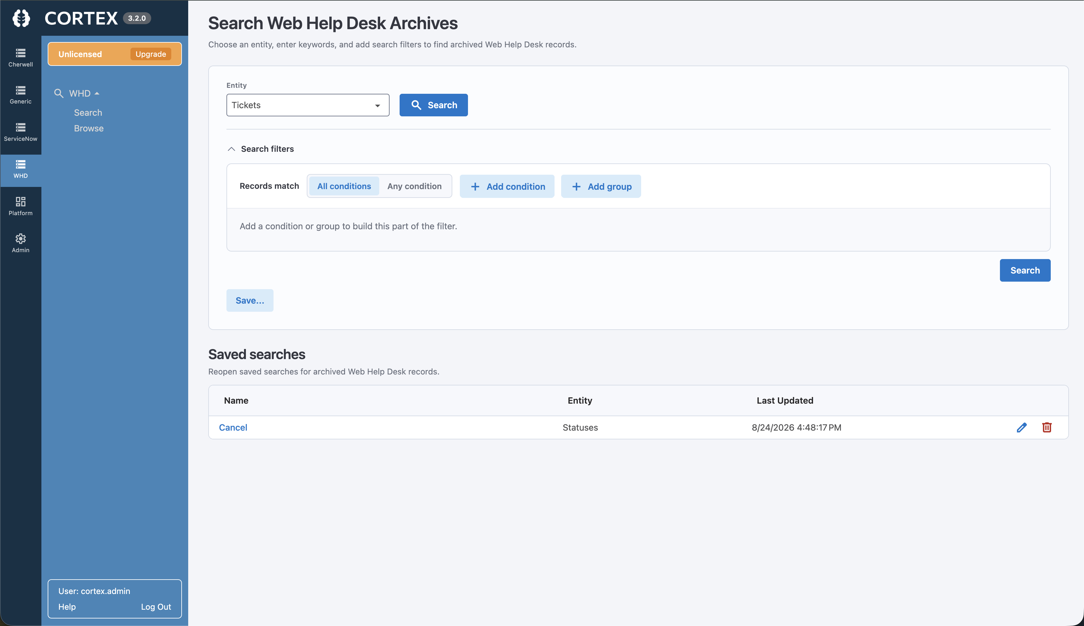 Cortex Archive Search showing full-text search and filters over archived Web Help Desk records, with results listed in a familiar Web Help Desk-style interface